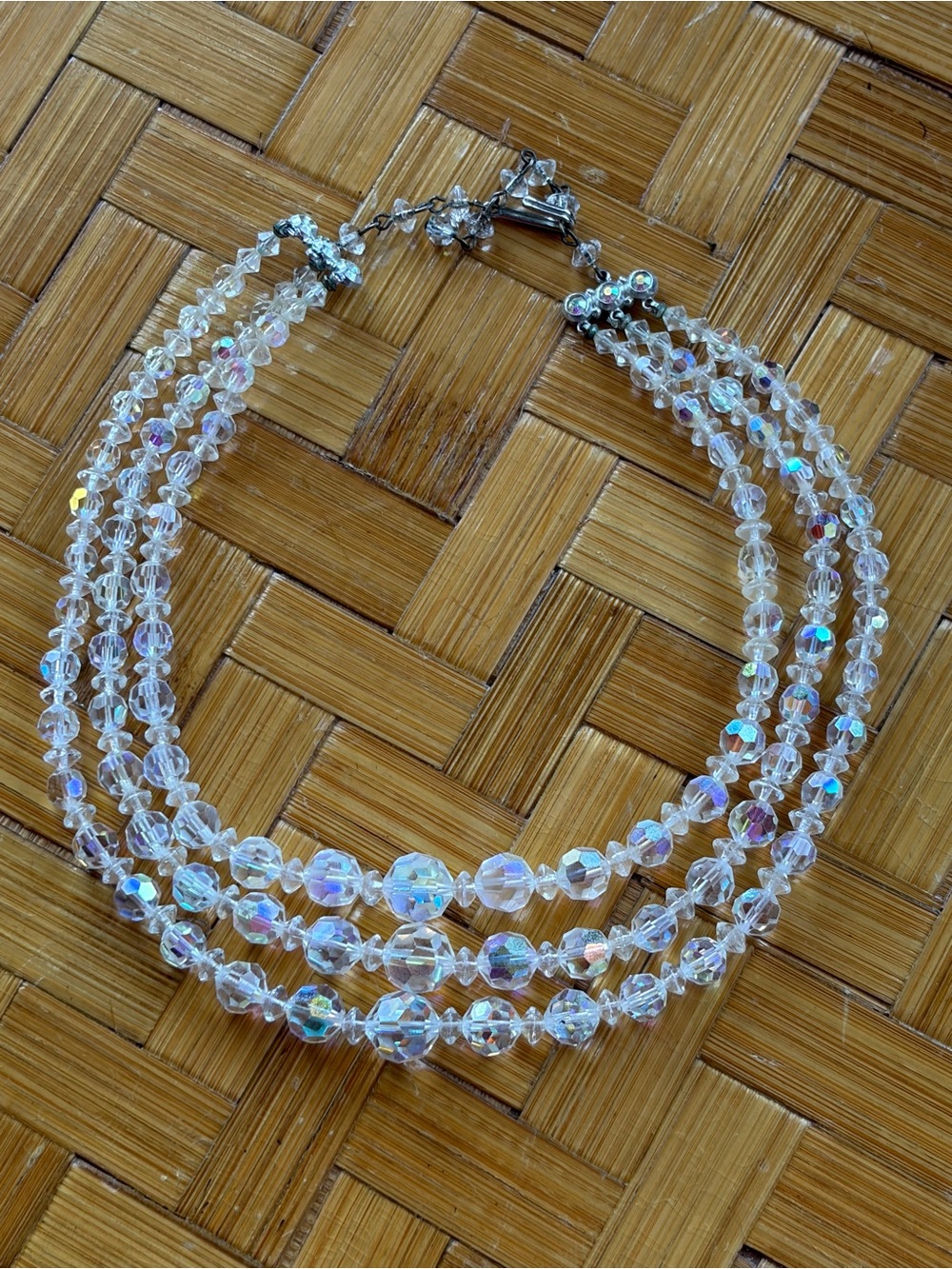 Vintage AB Crystal Necklace Bracelet Set Triple Strand Faceted Beads Bridal - Picture 9 of 10